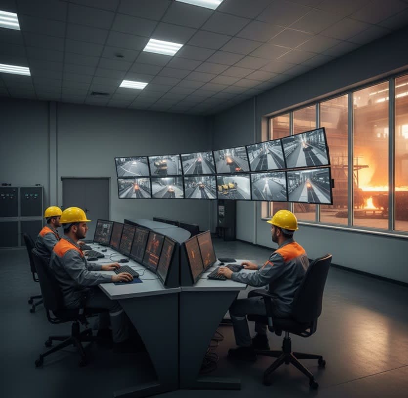 Robotik hatlar ve dijital ekranlarla yönetilen çelik fabrika kontrol odası